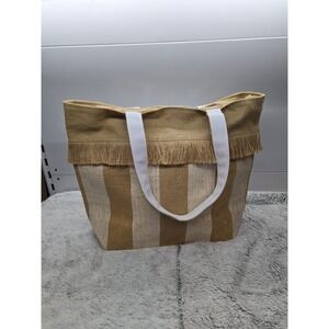 Rugged Ridge Striped Jute Beach Tote Bag Fringe White Straps